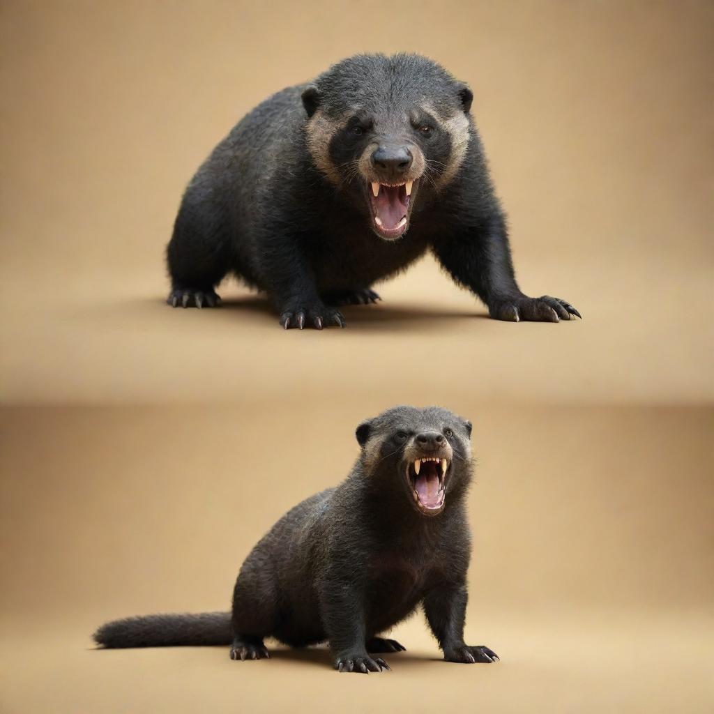 A 3D image of an extraordinary creature, half dog, half Honey Badger. One half resonates with the dog's loyalty, the other half showcases the Honey Badger's fierce spirit.