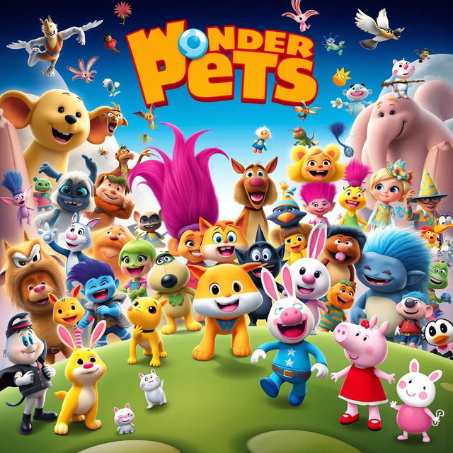 A spectacular movie poster featuring an incredible ensemble of characters from Wonder Pets, Pocoyo, Krypto the Super Dog, Pokemon, Trolls, Pink Panther, Rio 2, Scooby-Doo and Guess Who, Hair Bear Bunch, The Mr