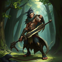 A fantastical character design depicting a muscular androgynous warrior with an ornate sword and magical armor, fighting in a mythical forest