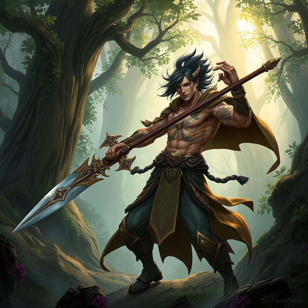 A fantastical character design depicting a muscular androgynous warrior with an ornate sword and magical armor, fighting in a mythical forest