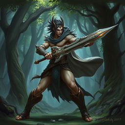 A fantastical character design depicting a muscular androgynous warrior with an ornate sword and magical armor, fighting in a mythical forest