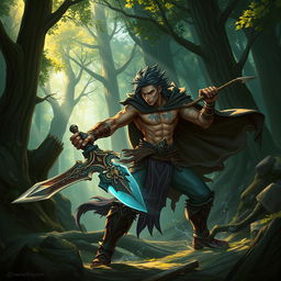 A fantastical character design depicting a muscular androgynous warrior with an ornate sword and magical armor, fighting in a mythical forest