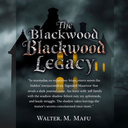 A book back cover featuring the foreboding silhouette of Blackwood Manor, half-obscured by mist