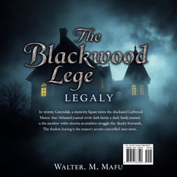 A book back cover featuring the foreboding silhouette of Blackwood Manor, half-obscured by mist