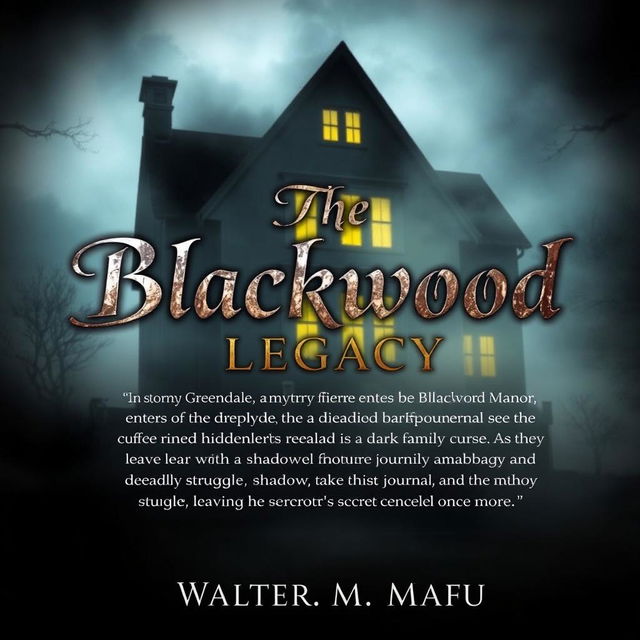 A book back cover featuring the foreboding silhouette of Blackwood Manor, half-obscured by mist