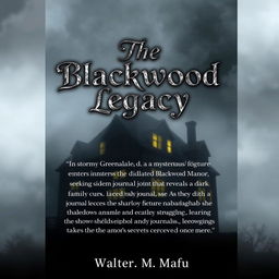 A book back cover featuring the foreboding silhouette of Blackwood Manor, half-obscured by mist