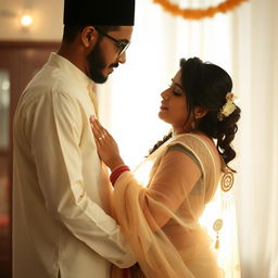 A Muslim man gently holding a woman's waist while she wears a translucent saree, embracing each other in a soft light that highlights their gentle connection