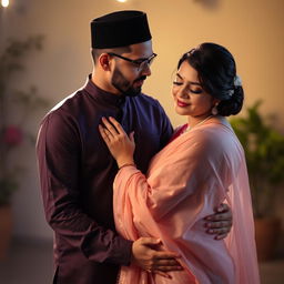 A Muslim man gently holding a woman's waist while she wears a translucent saree, embracing each other in a soft light that highlights their gentle connection