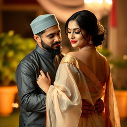 A Muslim man gently holding a woman's waist while she wears a translucent saree, embracing each other in a soft light that highlights their gentle connection