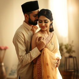 A Muslim man gently holding a woman's waist while she wears a translucent saree, embracing each other in a soft light that highlights their gentle connection