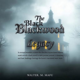 A book back cover featuring the foreboding silhouette of Blackwood Manor, half-obscured by mist