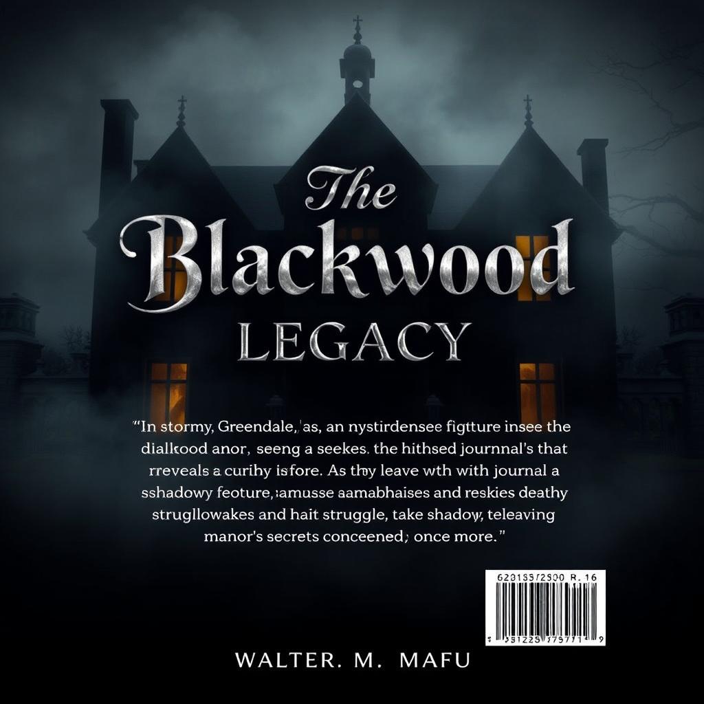 A book back cover featuring the foreboding silhouette of Blackwood Manor, half-obscured by mist