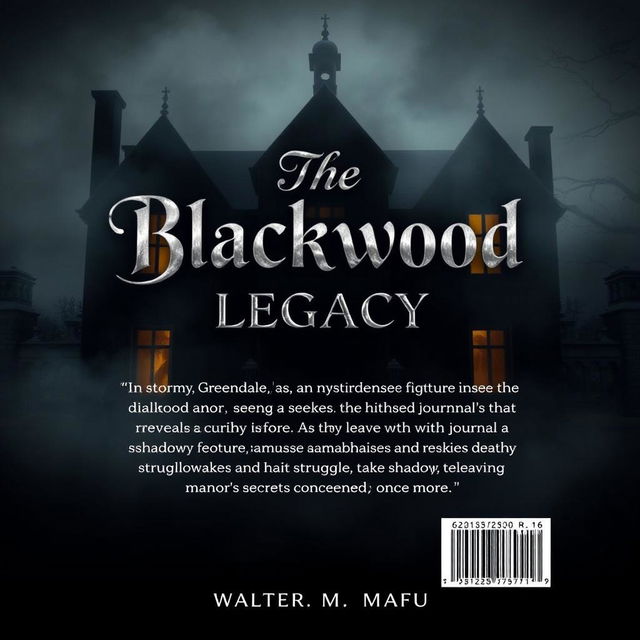 A book back cover featuring the foreboding silhouette of Blackwood Manor, half-obscured by mist