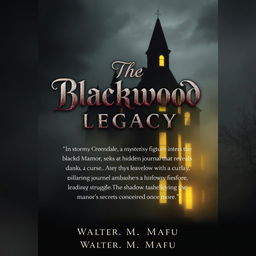 A book back cover featuring the foreboding silhouette of Blackwood Manor, half-obscured by mist