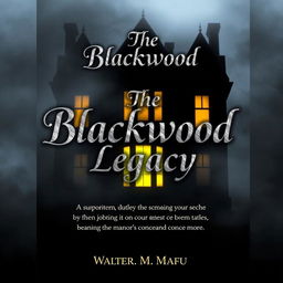 A book back cover featuring the foreboding silhouette of Blackwood Manor, half-obscured by mist