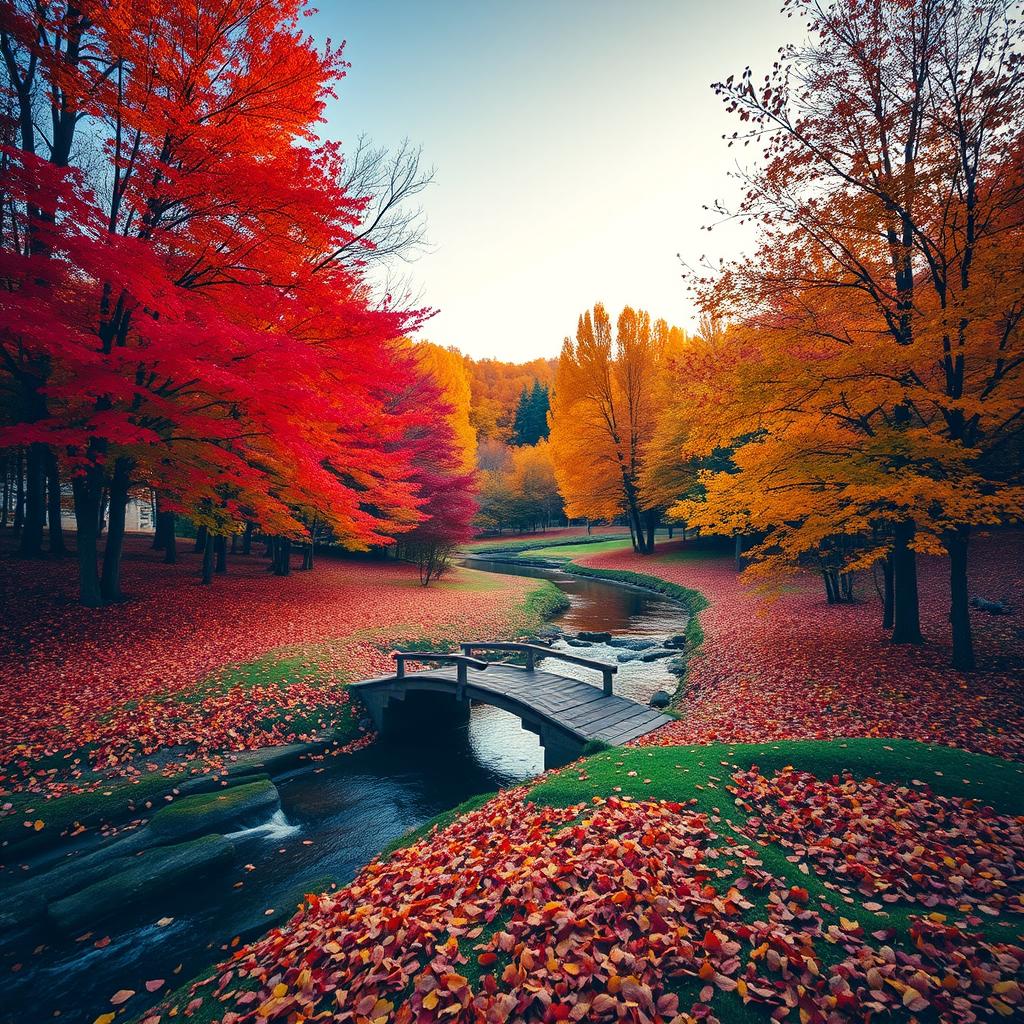 A serene landscape depicting autumnal scenery, with trees in vibrant shades of red, orange, and yellow