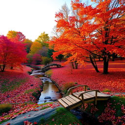 A serene landscape depicting autumnal scenery, with trees in vibrant shades of red, orange, and yellow