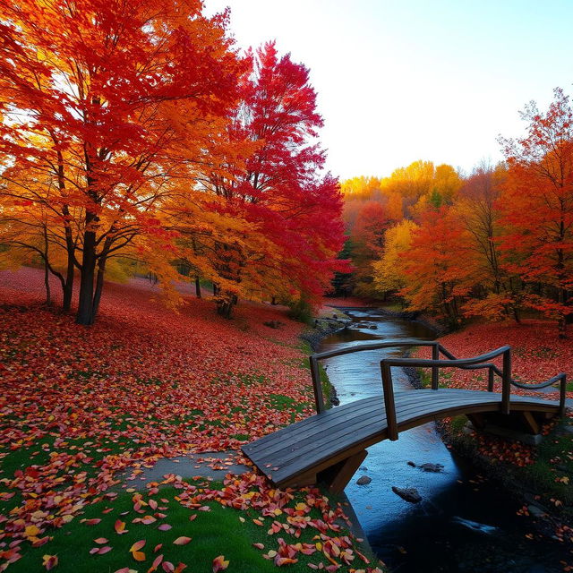 A serene landscape depicting autumnal scenery, with trees in vibrant shades of red, orange, and yellow