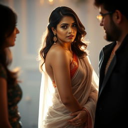 A sensual scene capturing a confident woman in a transparent saree, surrounded by an air of allure