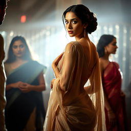 A sensual scene capturing a confident woman in a transparent saree, surrounded by an air of allure