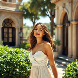 a woman in a serene outdoor setting, surrounded by elegant architecture and lush greenery, wearing a stylish summer dress