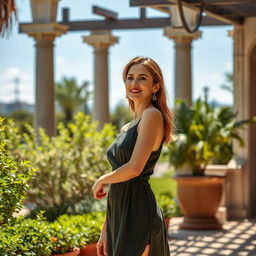 a woman in a serene outdoor setting, surrounded by elegant architecture and lush greenery, wearing a stylish summer dress