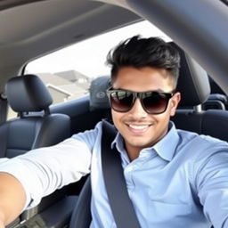 A person sitting confidently in a car, wearing stylish sunglasses and a light blue shirt