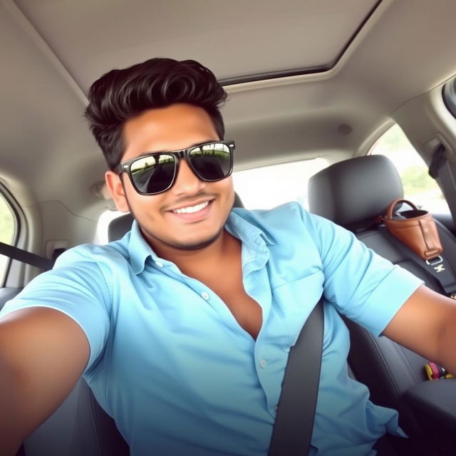 A person sitting confidently in a car, wearing stylish sunglasses and a light blue shirt