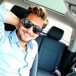 A person sitting confidently in a car, wearing stylish sunglasses and a light blue shirt