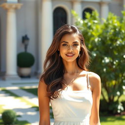 a beautiful woman standing confidently in an elegant outdoor setting, with a stylish summer dress, surrounded by lush greenery and classical architecture