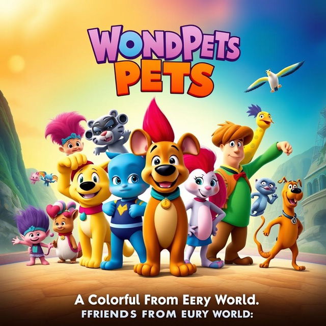 An exciting movie poster featuring characters from Wonder Pets, Pocoyo, Krypto the Super Dog, Pokemon, Trolls, Pink Panther, Rio 2, and Scooby-Doo and Guess Who