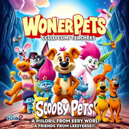 An exciting movie poster featuring characters from Wonder Pets, Pocoyo, Krypto the Super Dog, Pokemon, Trolls, Pink Panther, Rio 2, and Scooby-Doo and Guess Who