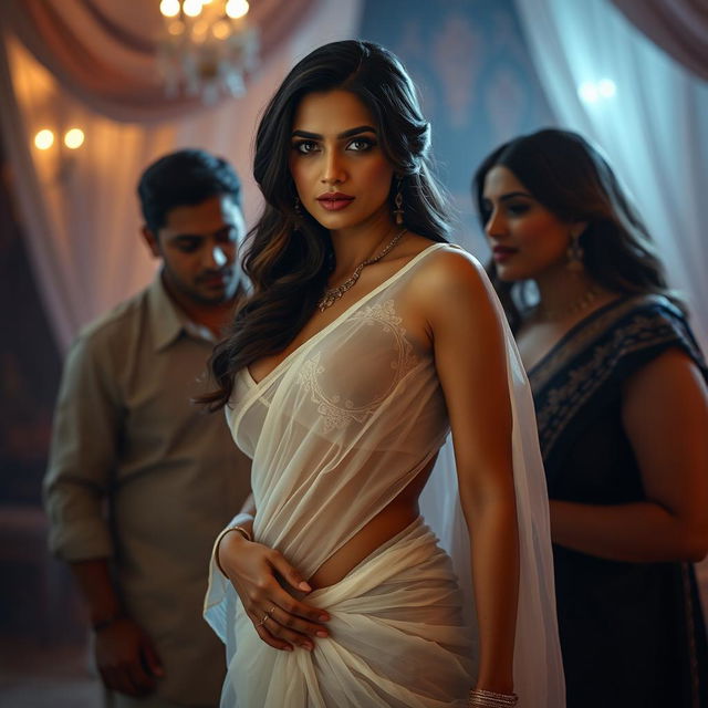 A sensual and captivating scene showcasing a confident woman in a white transparent saree, exuding allure and elegance