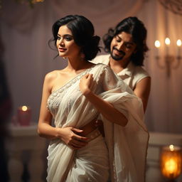 A sensual and captivating scene showcasing a confident woman in a white transparent saree, exuding allure and elegance