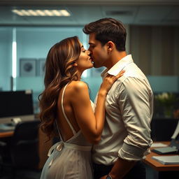 An intimate and romantic scene featuring a woman in a white transparent dress, sharing a tender kiss with a man in an office setting