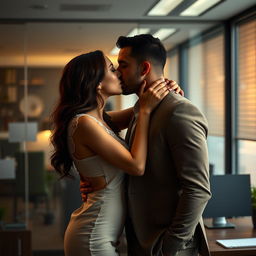 An intimate and romantic scene featuring a woman in a white transparent dress, sharing a tender kiss with a man in an office setting