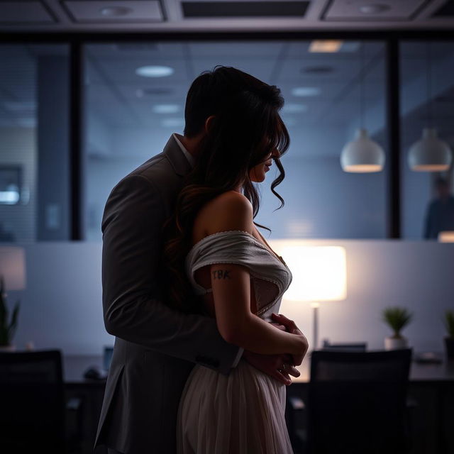 An intimate and romantic scene featuring a woman in a white transparent dress, sharing a tender kiss with a man in an office setting