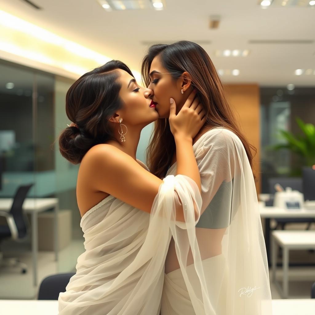 An evocative scene featuring a woman in a white transparent saree, displaying an air of confidence and allure