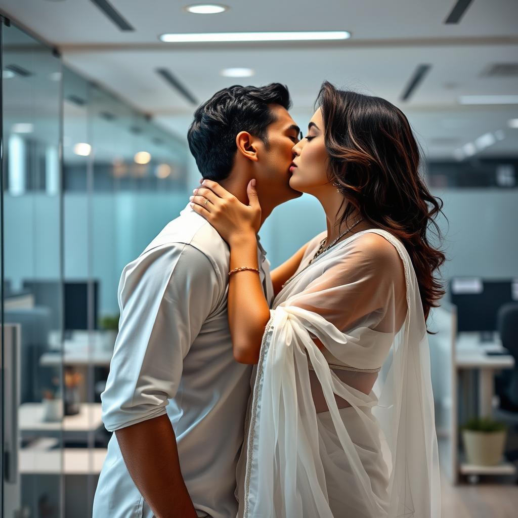 An evocative scene featuring a woman in a white transparent saree, displaying an air of confidence and allure