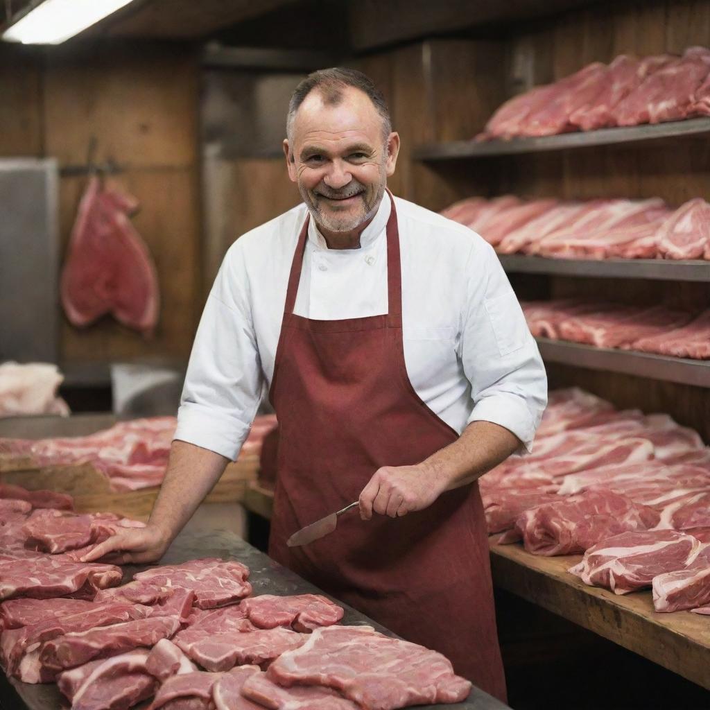 A seasoned butcher in urban attire, working meticulously in a rustic and traditional butcher shop situated in an urban neighborhood.