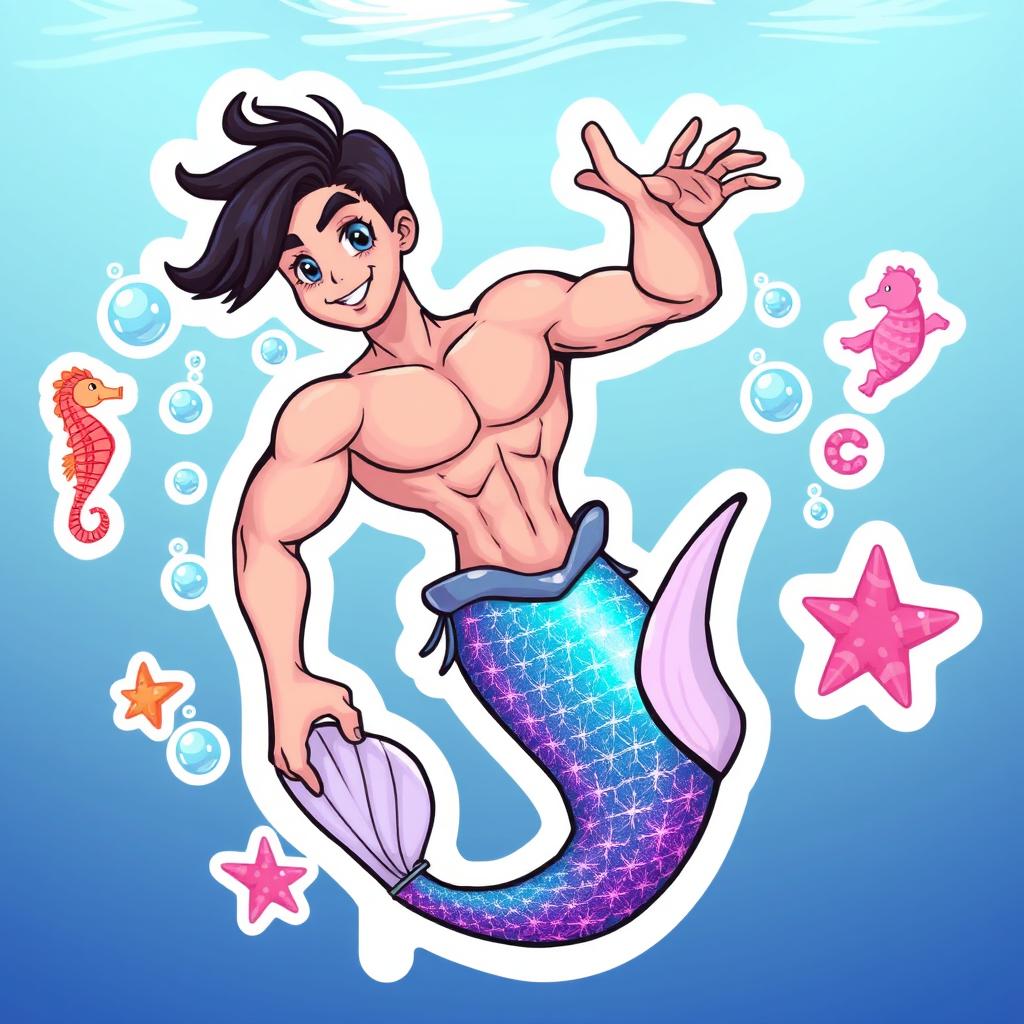 A vibrant and playful sticker illustration featuring a Barbie-inspired male mermaid with black short hair