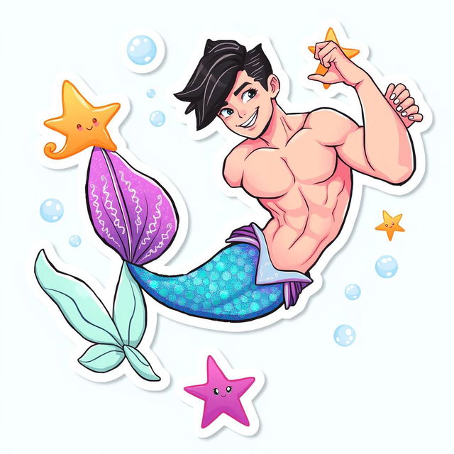 A vibrant and playful sticker illustration featuring a Barbie-inspired male mermaid with black short hair