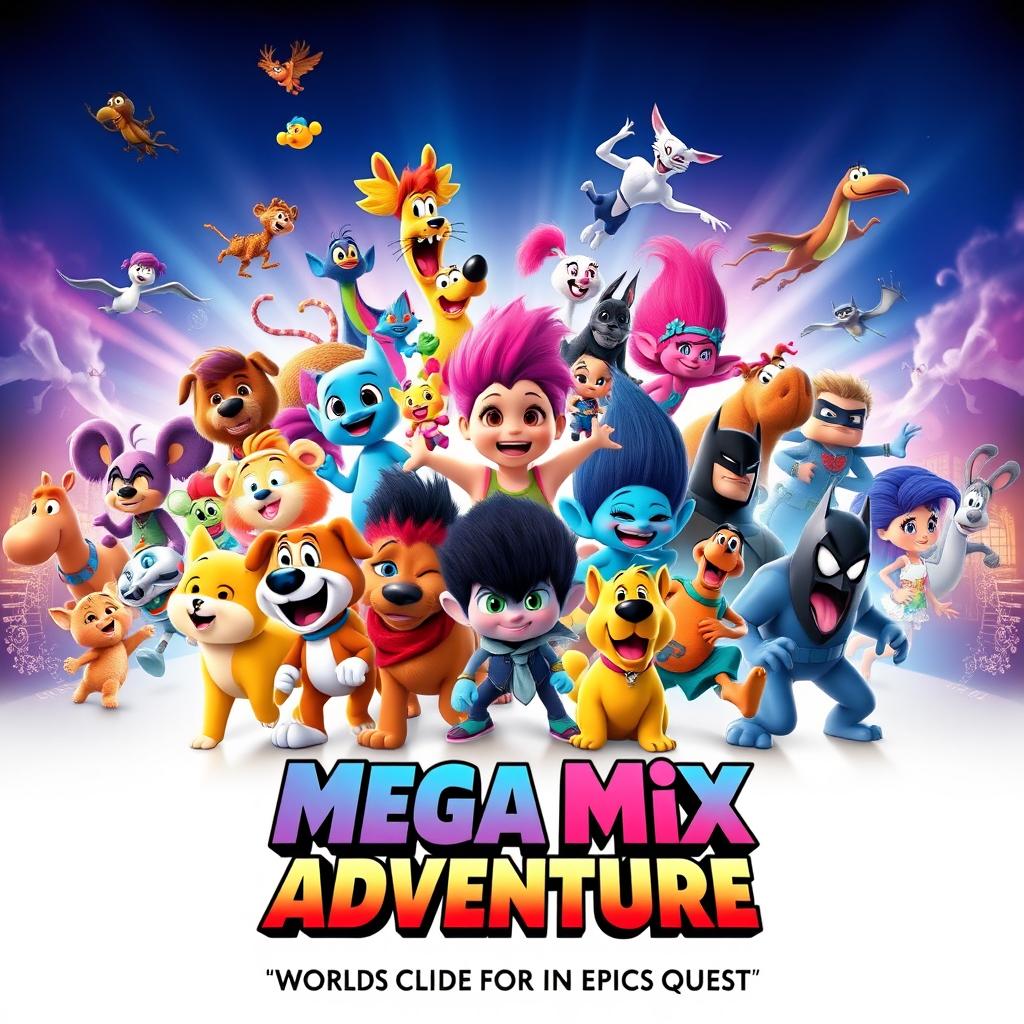 A captivating and colorful movie poster featuring an epic crossover of beloved characters from Wonder Pets, Pocoyo, Krypto the Super Dog, Pokemon, Trolls, Pink Panther, Rio 2, Scooby-Doo and Guess Who, Johnny Bravo, Justice League, Teen Titans, Looney Tunes, Batman, The Amazing World of Gumball, Tom and Jerry, The Lion King, Mr