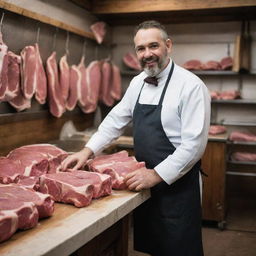 A seasoned butcher in urban attire, working meticulously in a rustic and traditional butcher shop situated in an urban neighborhood.