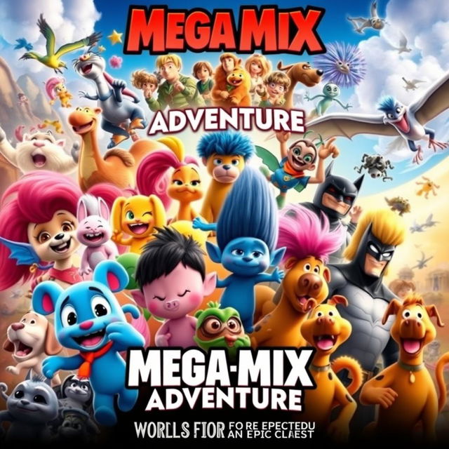 A captivating and colorful movie poster featuring an epic crossover of beloved characters from Wonder Pets, Pocoyo, Krypto the Super Dog, Pokemon, Trolls, Pink Panther, Rio 2, Scooby-Doo and Guess Who, Johnny Bravo, Justice League, Teen Titans, Looney Tunes, Batman, The Amazing World of Gumball, Tom and Jerry, The Lion King, Mr