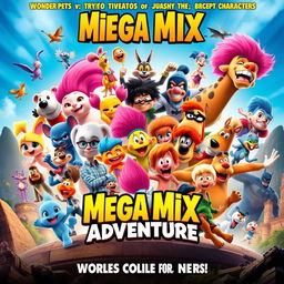 A captivating and colorful movie poster featuring an epic crossover of beloved characters from Wonder Pets, Pocoyo, Krypto the Super Dog, Pokemon, Trolls, Pink Panther, Rio 2, Scooby-Doo and Guess Who, Johnny Bravo, Justice League, Teen Titans, Looney Tunes, Batman, The Amazing World of Gumball, Tom and Jerry, The Lion King, Mr