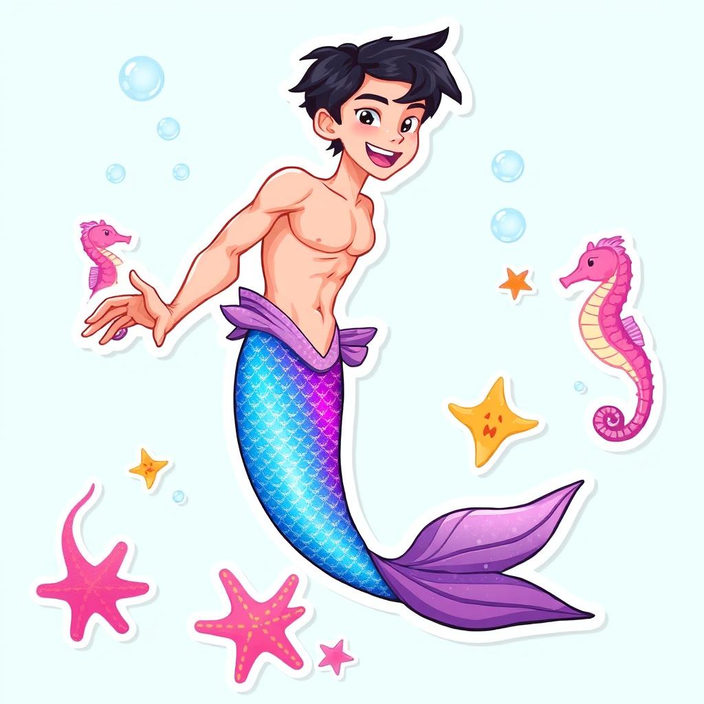 A vibrant and playful sticker illustration featuring a Barbie-inspired thin male mermaid with black short hair