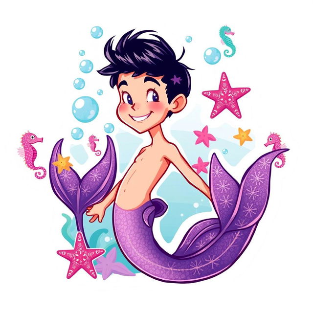 A vibrant and playful sticker illustration featuring a Barbie-inspired thin male mermaid with black short hair