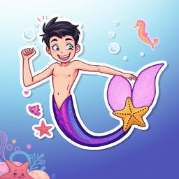 A vibrant and playful sticker illustration featuring a Barbie-inspired thin male mermaid with black short hair