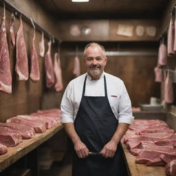 A seasoned butcher in urban attire, working meticulously in a rustic and traditional butcher shop situated in an urban neighborhood.